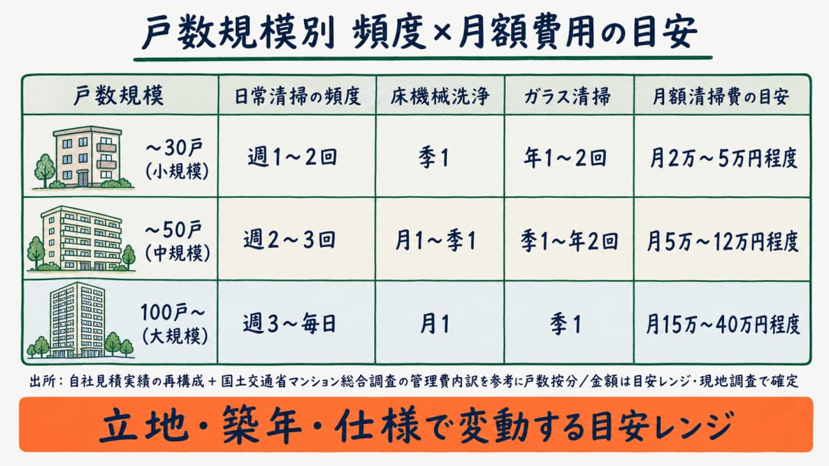 戸数規模別の清掃頻度と月額費用の目安を示す早見表イメージ