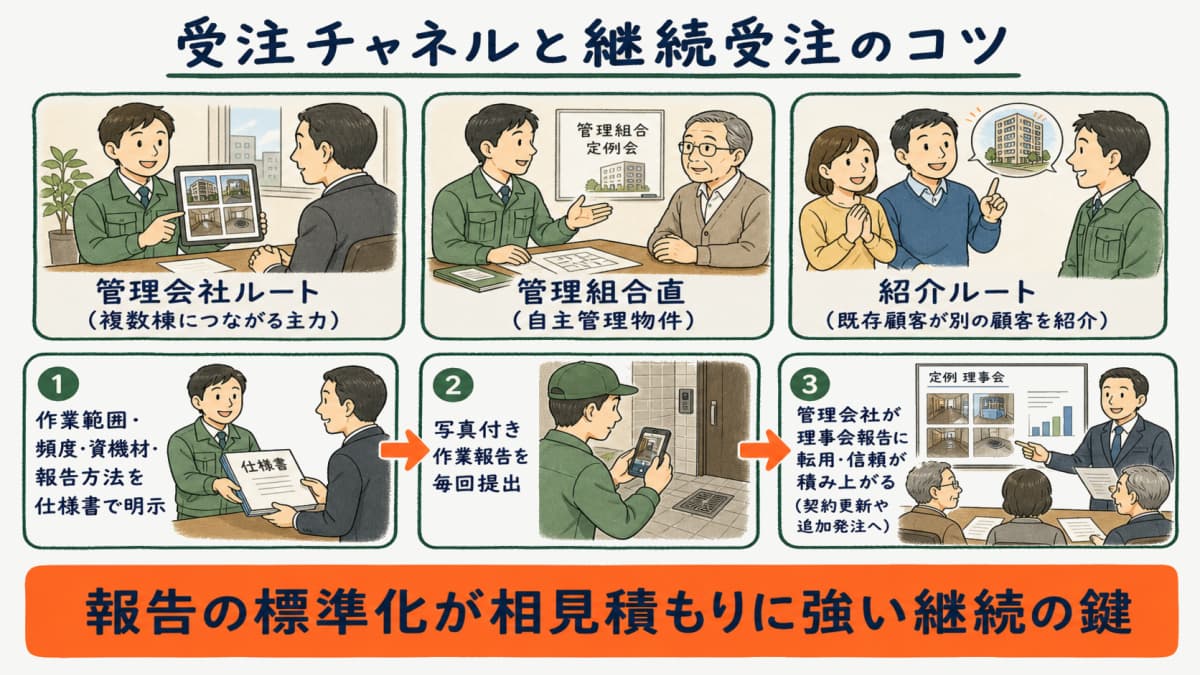 管理会社案件の受注チャネルと継続受注フローを示す図
