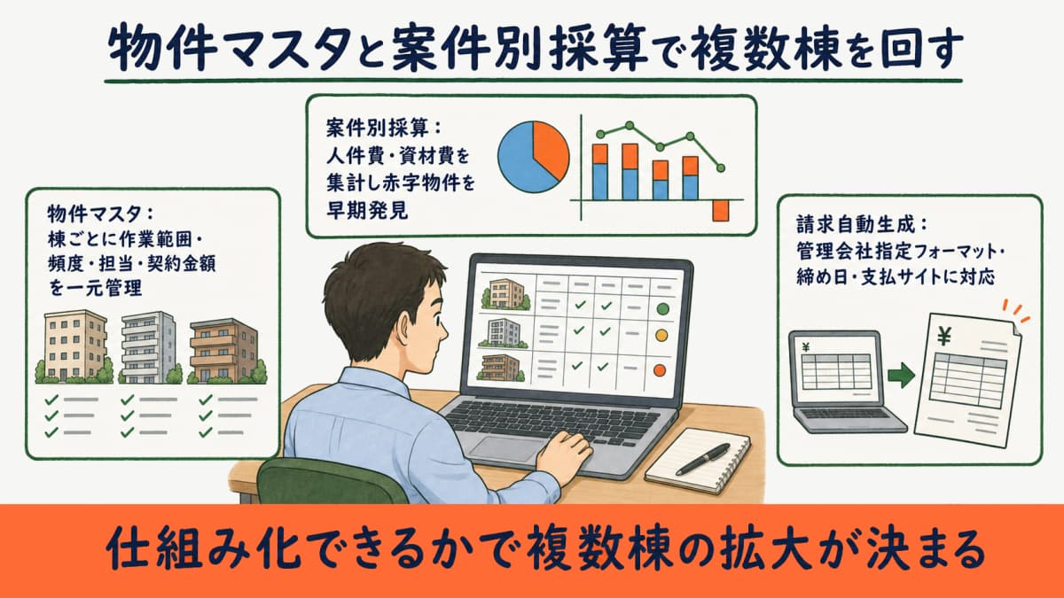 物件マスタと案件別採算で複数棟を管理する画面イメージ