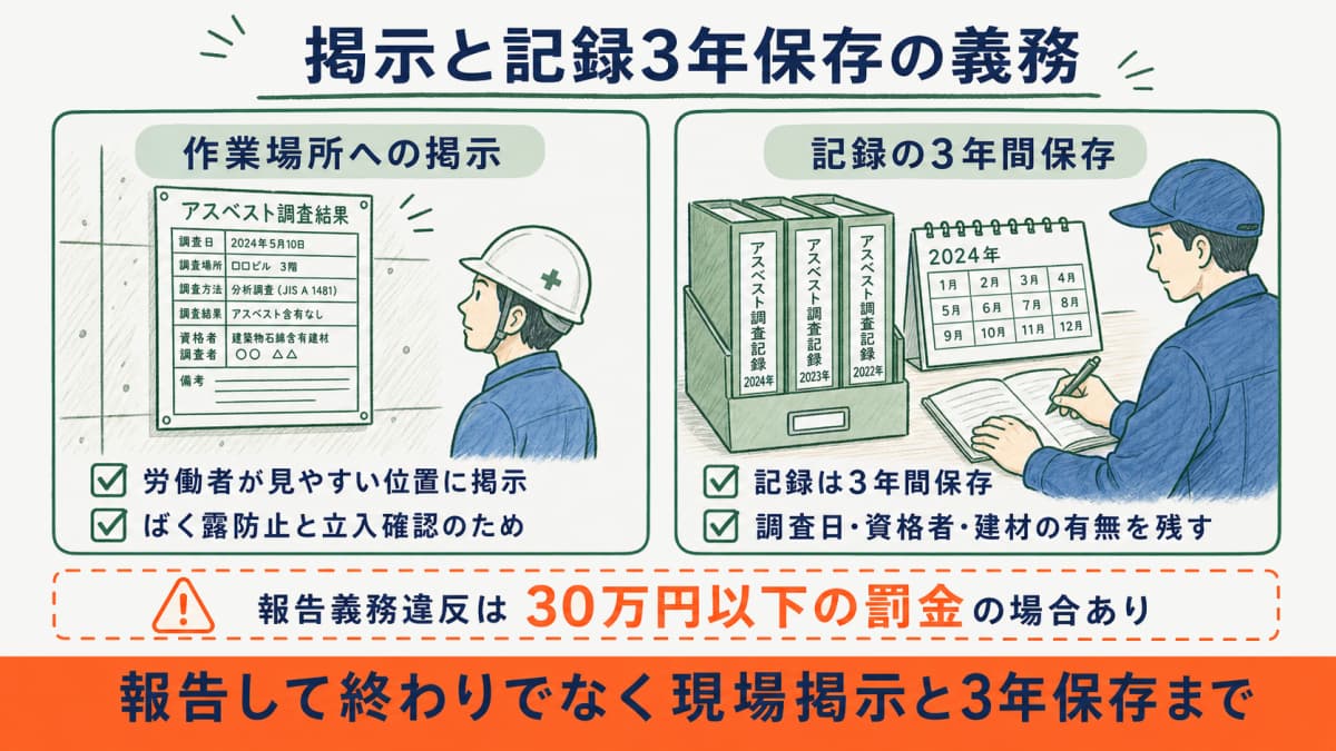 調査結果の掲示と記録3年保存を示すイラスト