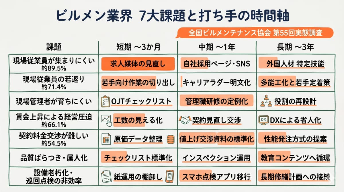 ビルメン業界の7大課題と短期/中期/長期の打ち手を整理した全体俯瞰図