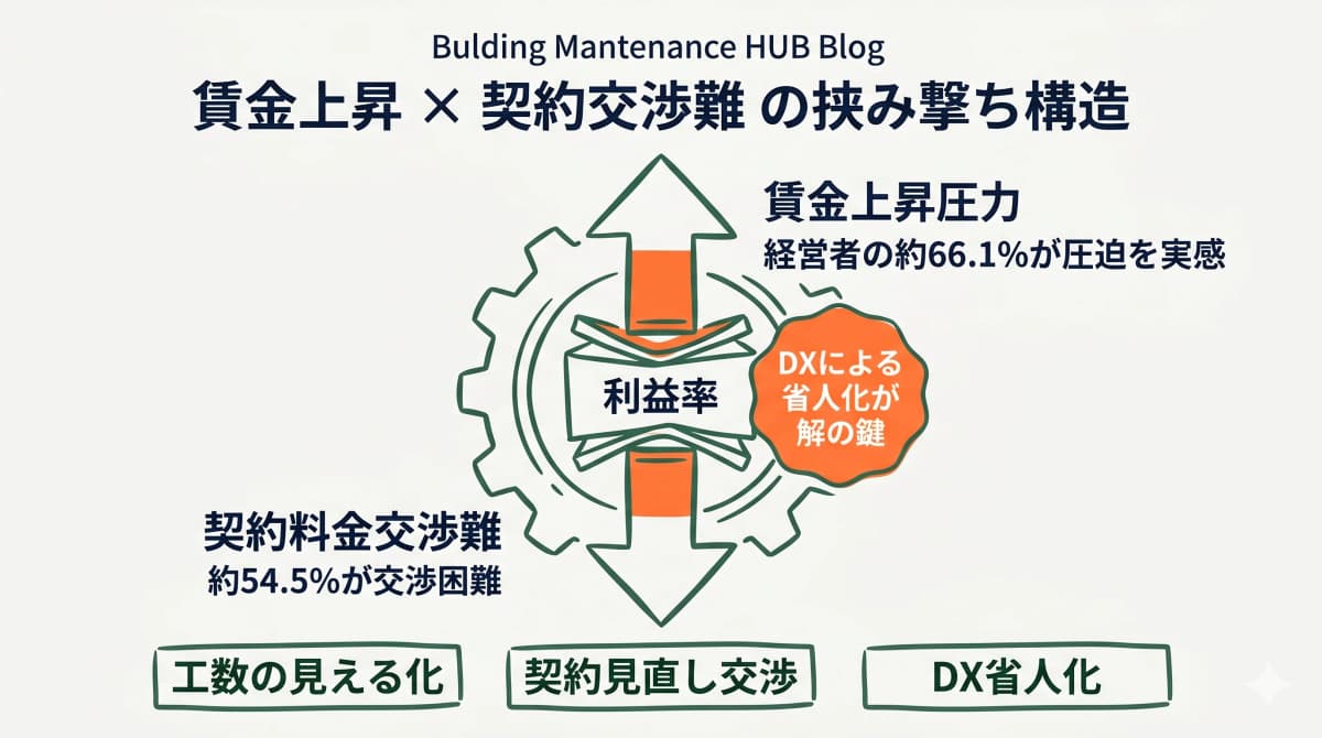 賃金上昇と契約交渉難の挟み撃ち構造を示す図