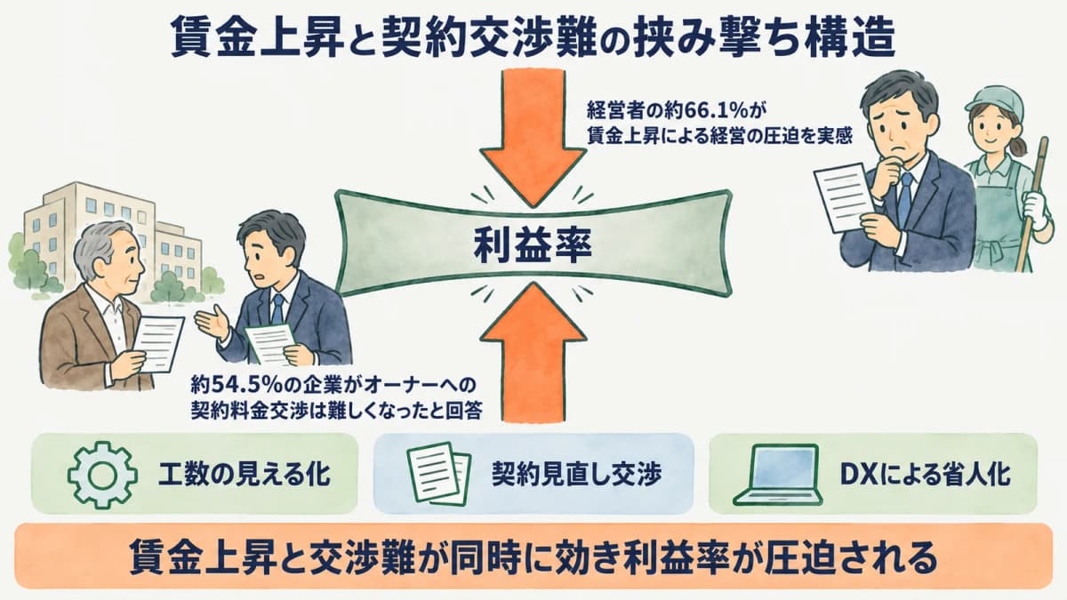 賃金上昇と契約交渉難の挟み撃ち構造を示す図