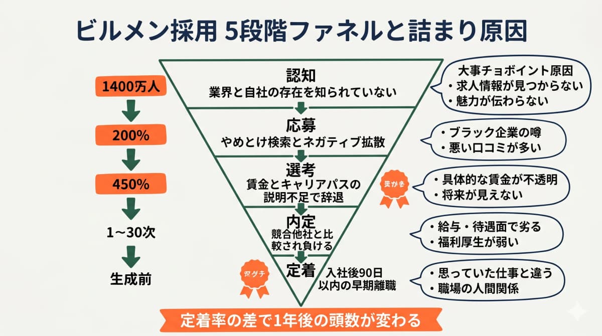 ビルメン採用ファネル5段階と各段階の詰まり原因を示す図