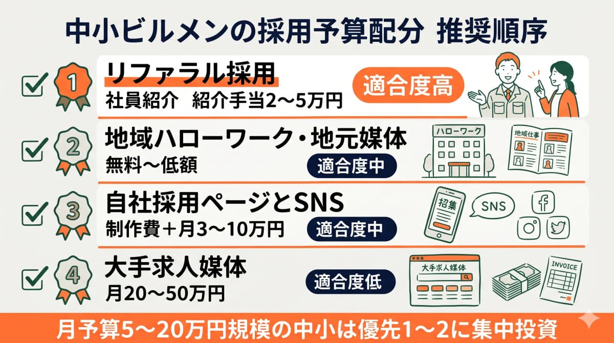 中小ビルメンの採用予算配分の推奨順序を示す図