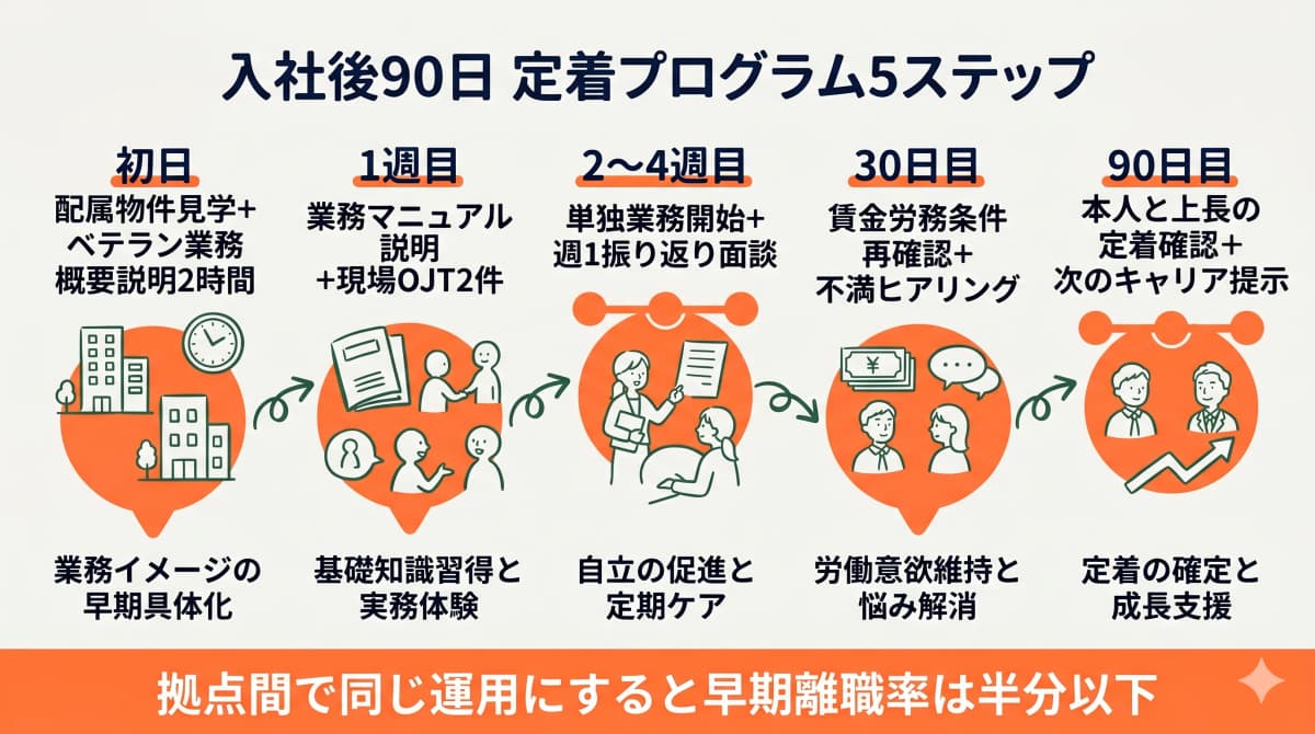 入社後90日定着プログラム5ステップのタイムライン図