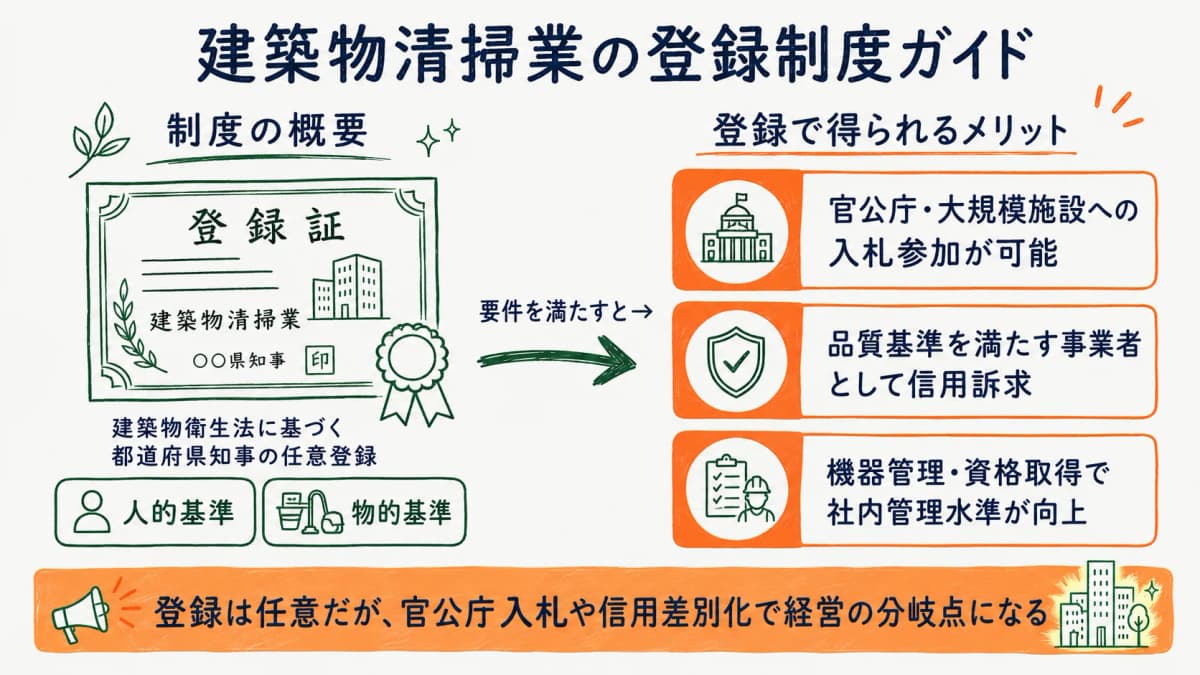 建築物清掃業の登録制度の概要と登録事業者が得られるメリットを示す図