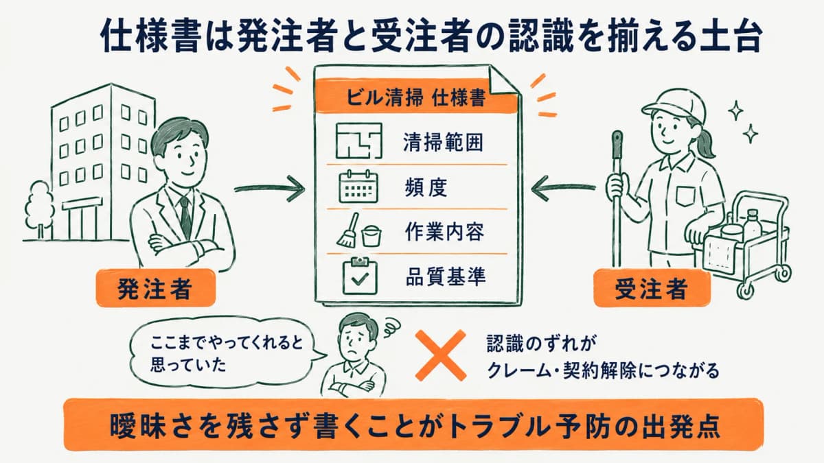 ビル清掃の仕様書が発注者と受注者の認識を揃える役割を示す図