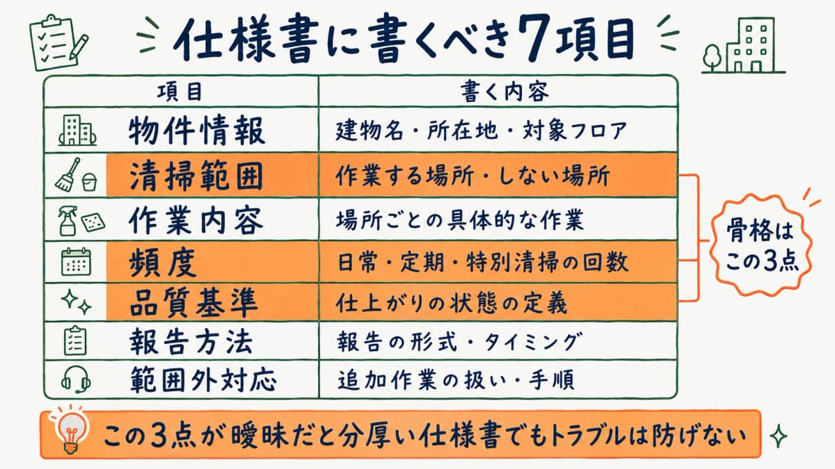 ビル清掃の仕様書に記載すべき7項目を整理した図