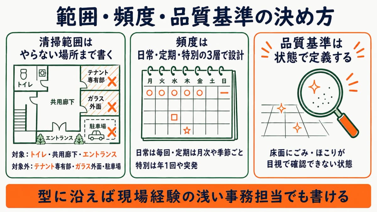 清掃範囲・頻度・品質基準を決める3つのステップを示す図