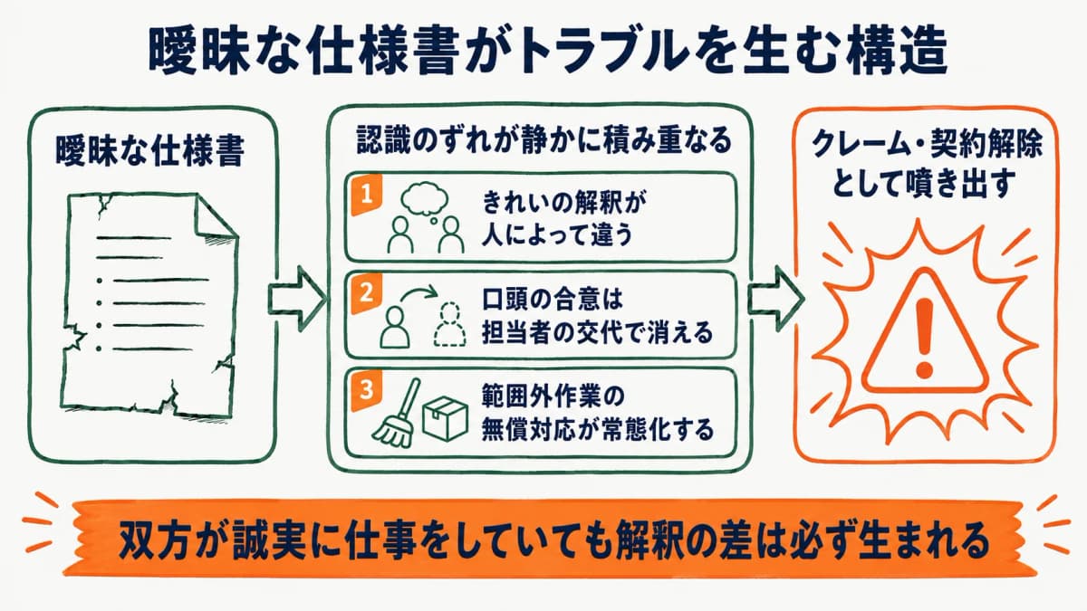 曖昧な仕様書が認識のずれからトラブルに発展する流れを示す図