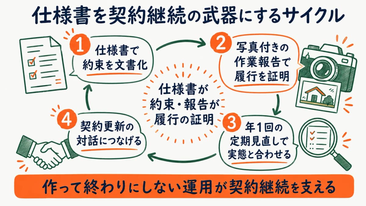 仕様書と作業報告を組み合わせて契約継続につなげるサイクルを示す図