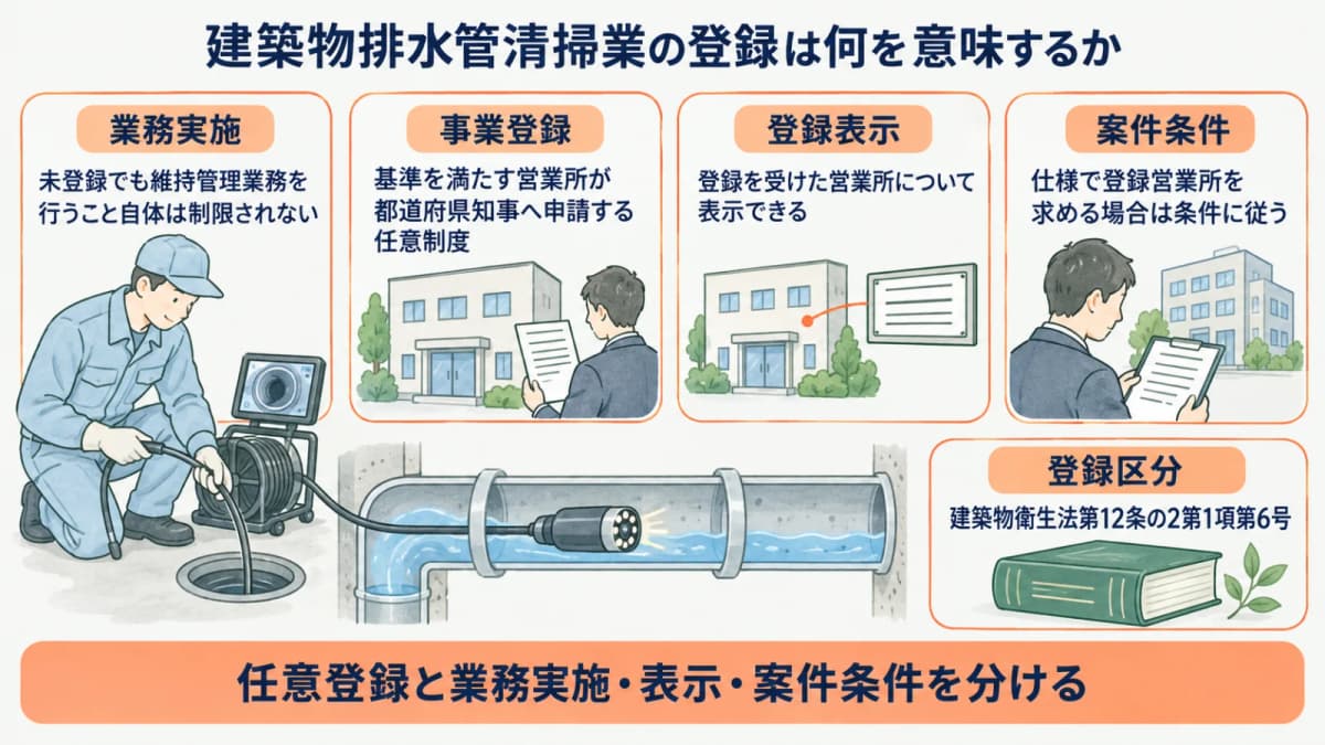排水管と内視鏡カメラで登録対象の業務を確認する図
