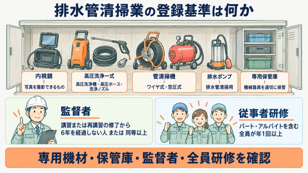 高圧洗浄機とワイヤ式管清掃機を専用保管庫で確認する図
