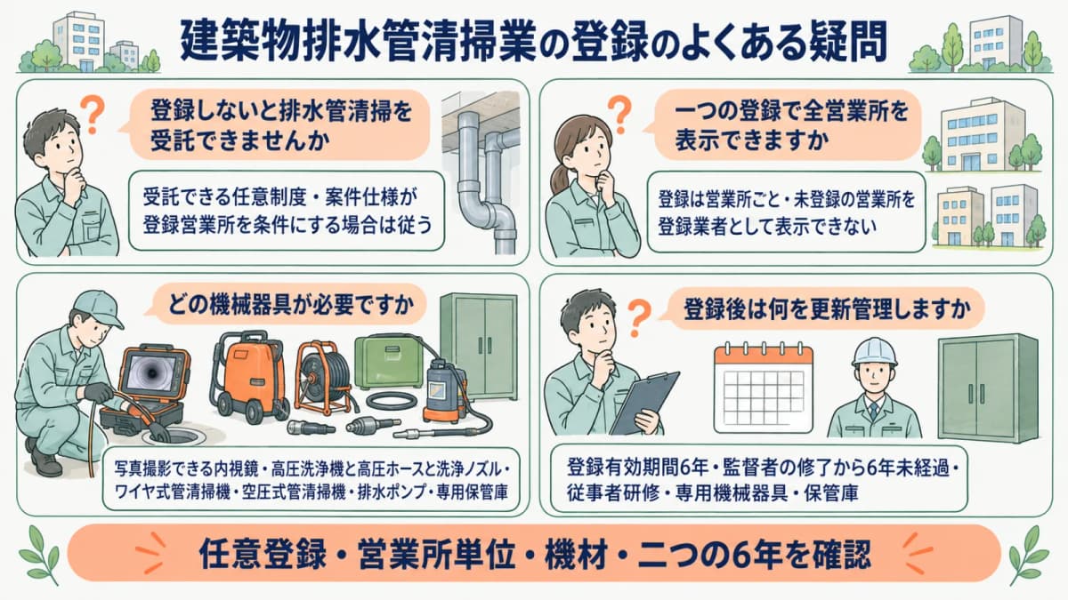 高圧洗浄機と排水管で登録要件の疑問を確認するFAQ図