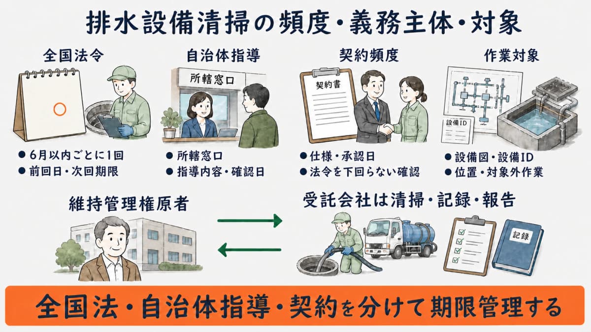 排水設備清掃の頻度・義務主体・対象と受託会社の役割を示す早見表