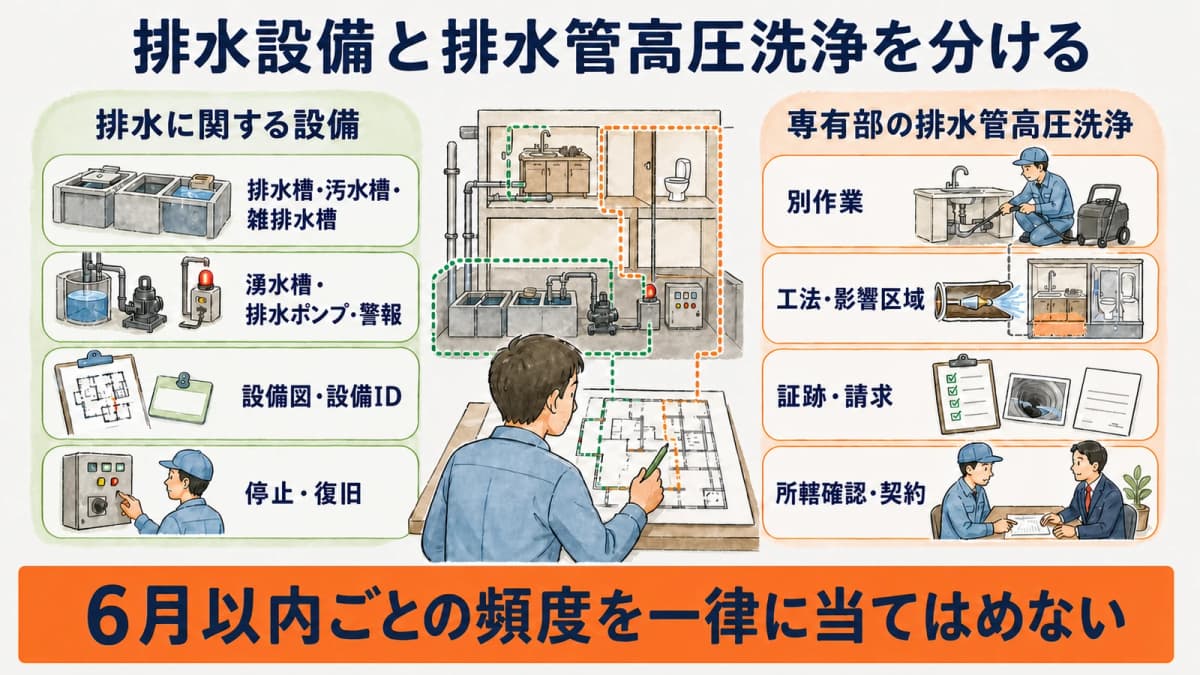 設備図から排水槽・ポンプ等と専有部排水管の別作業を切り分ける図