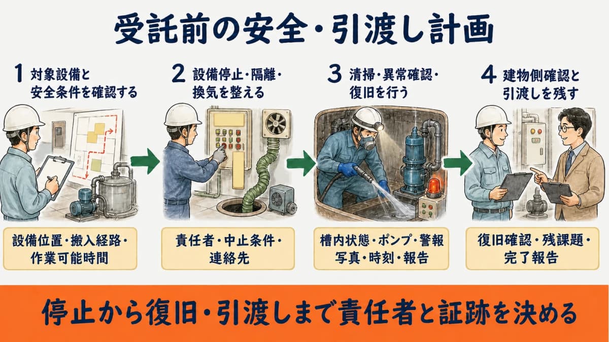 対象確認から停止・入槽・清掃・復旧・引渡しまでの安全計画