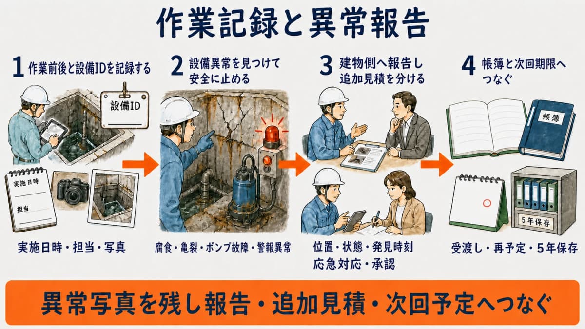 作業前後と設備異常を記録し帳簿・次回予定・追加見積へつなぐ流れ