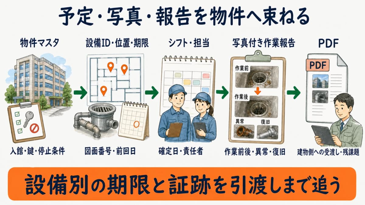 物件マスタの設備・期限から写真付き作業報告とPDF受渡しへつなぐ図