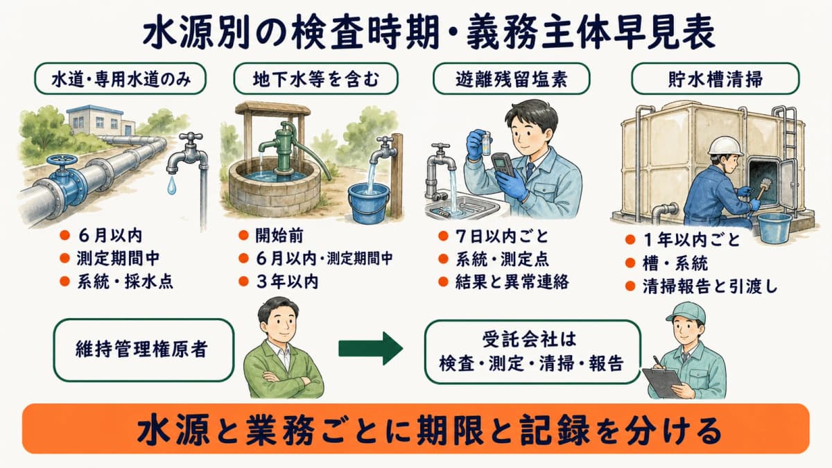 水源別の水質検査・残留塩素・貯水槽清掃の時期と主体を示す早見表