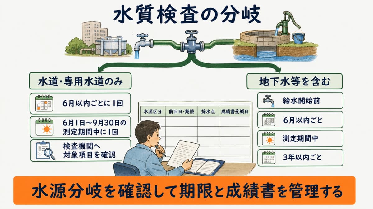 水道水のみと地下水等を含む場合の検査区分・期限を示す分岐図