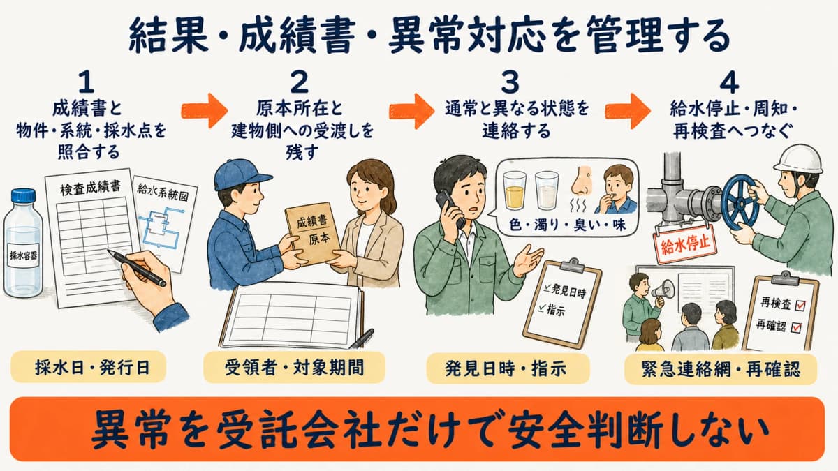 検査結果と成績書を系統別に管理し異常を連絡・再確認する流れ