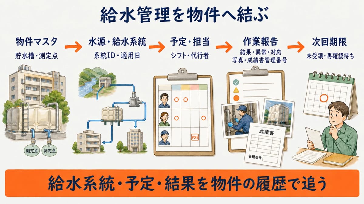 物件マスタの水源・系統から作業報告・成績書・次回予定へつなぐ図