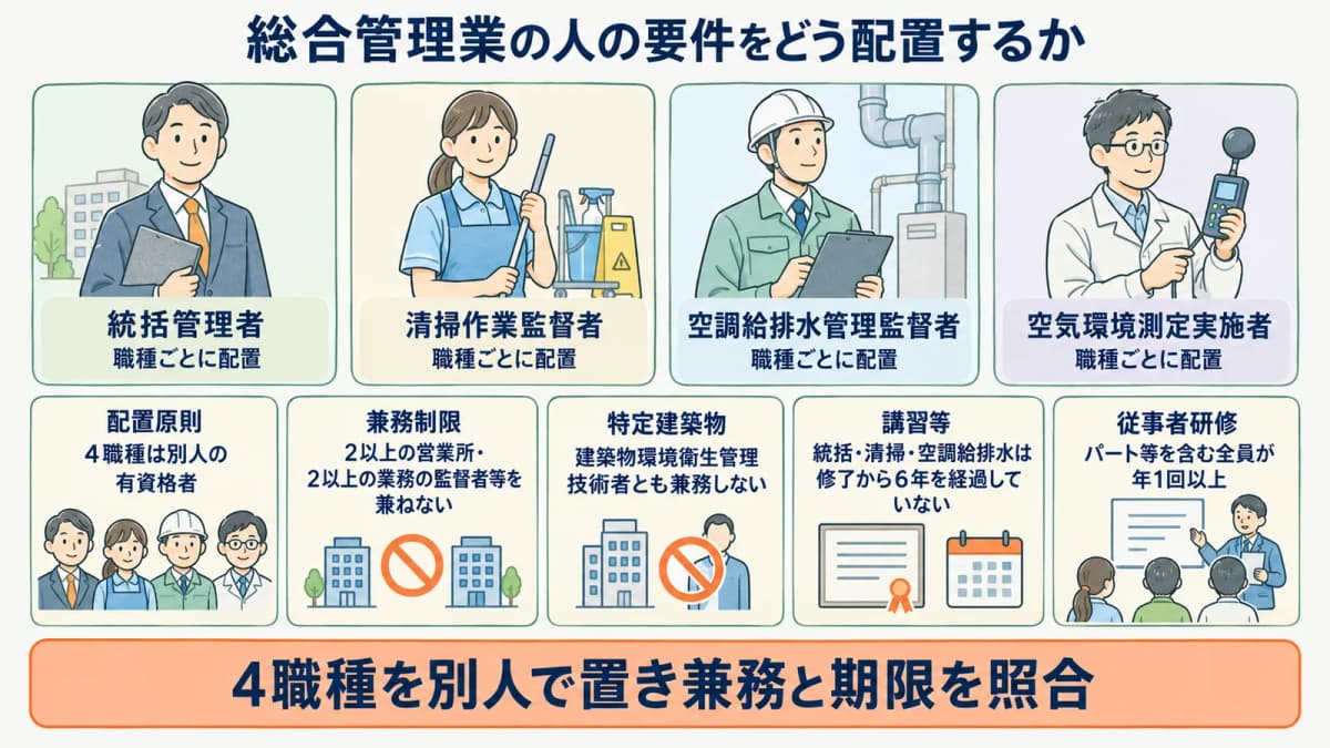 統括管理者と清掃作業監督者が担当配置を照合する図