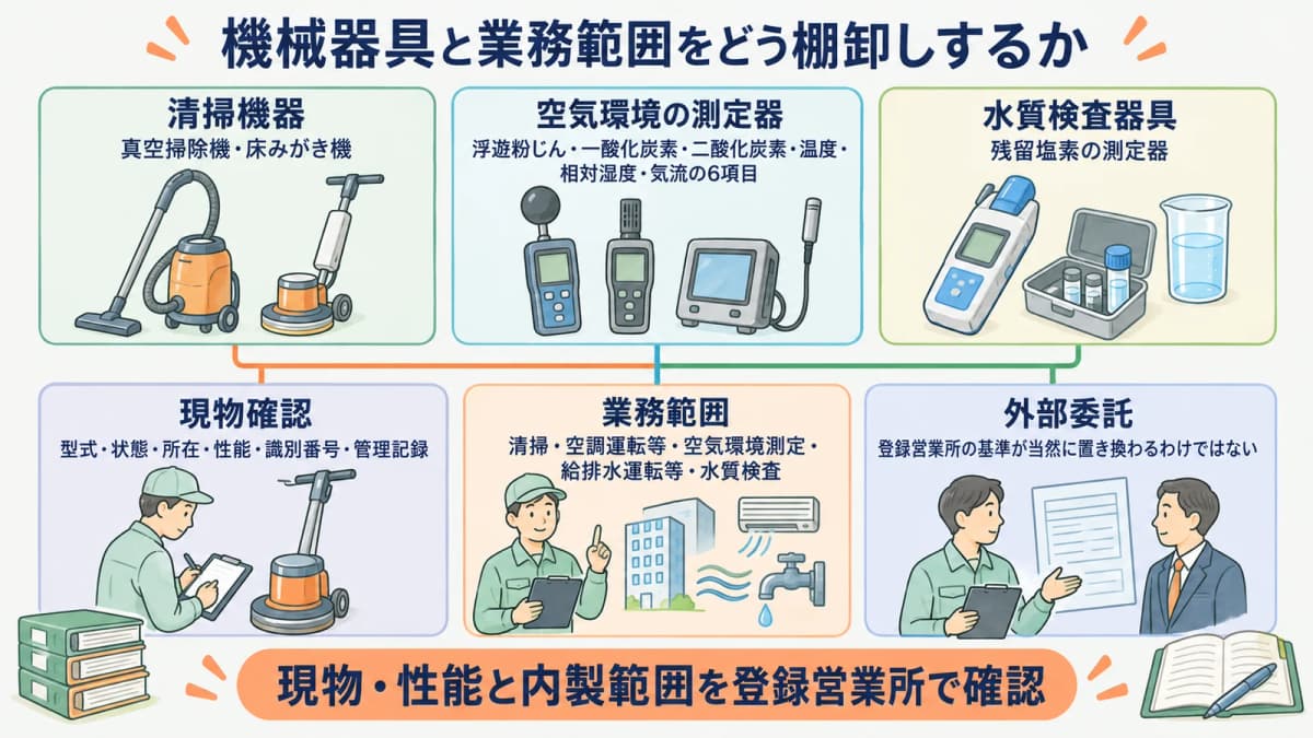 床みがき機と残留塩素の測定器を機器台帳で確認する図