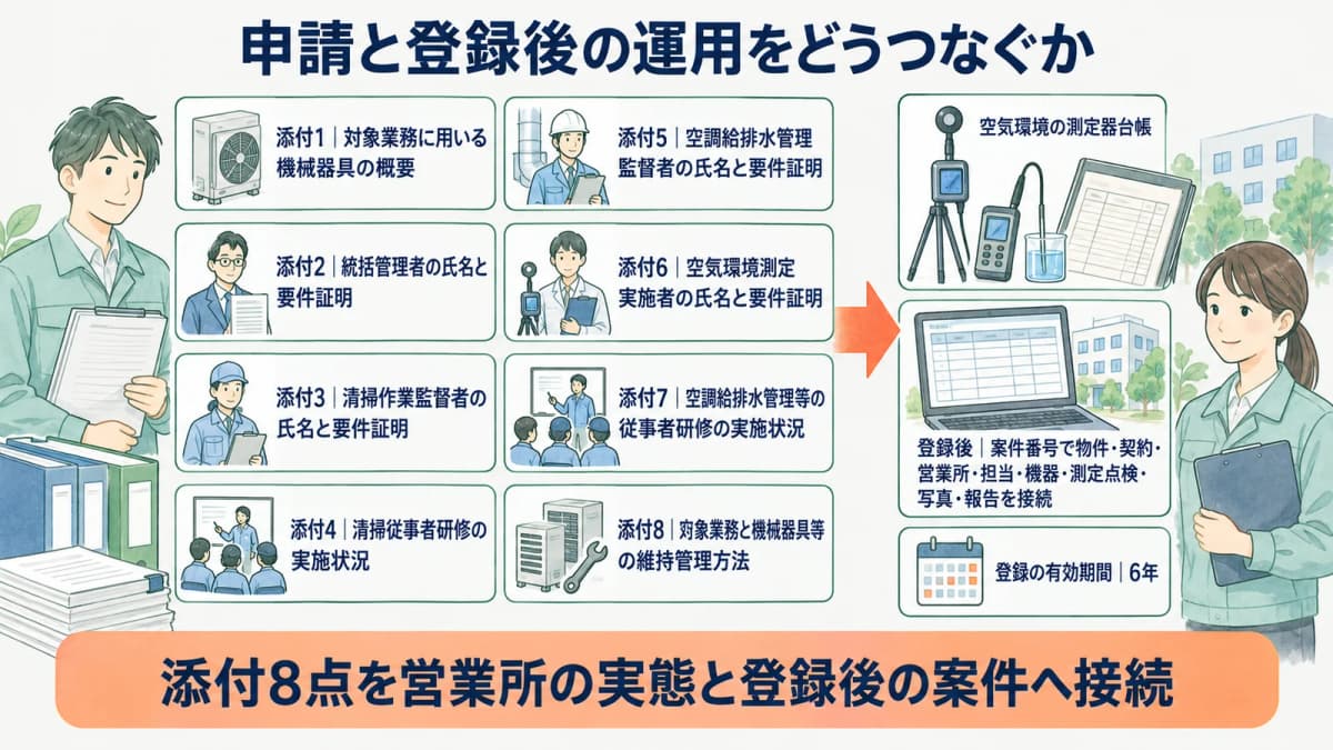 申請書と空気環境の測定器台帳を営業所ごとに束ねる図