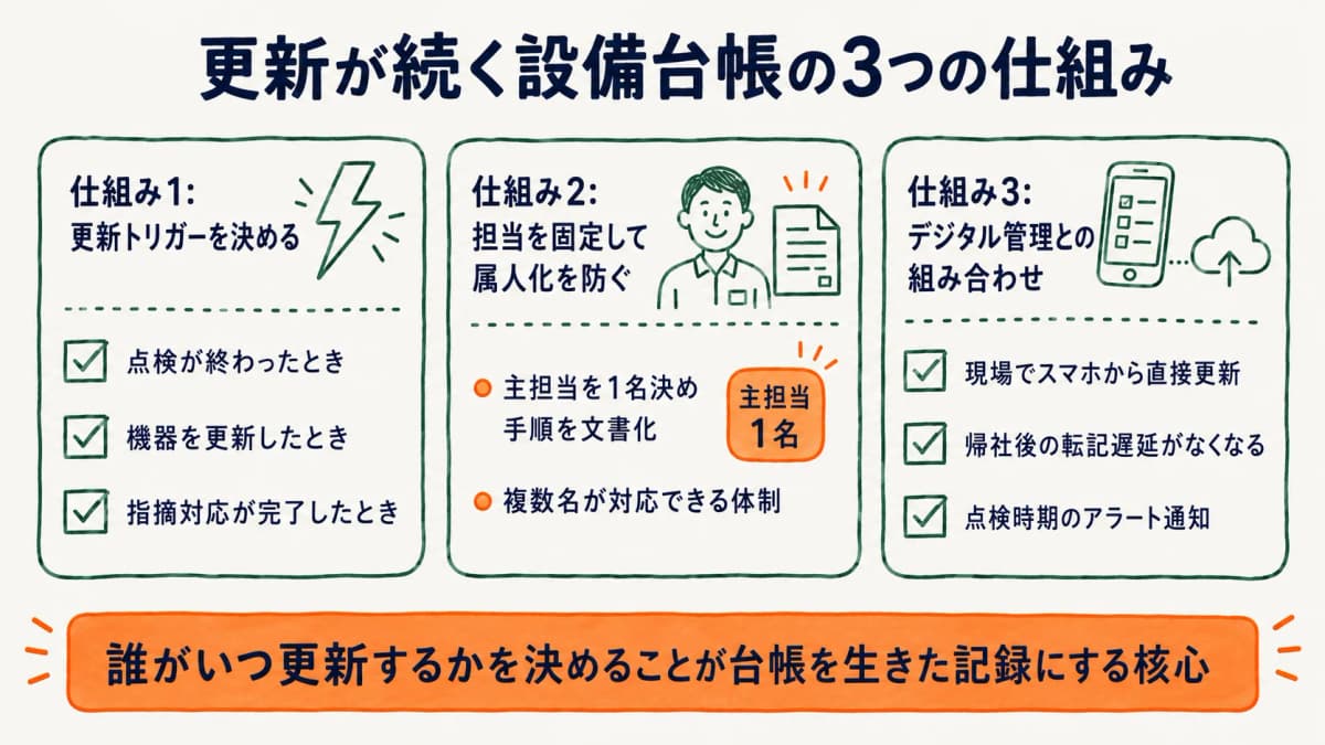 設備台帳の更新サイクルを定める3つの仕組みを示す図
