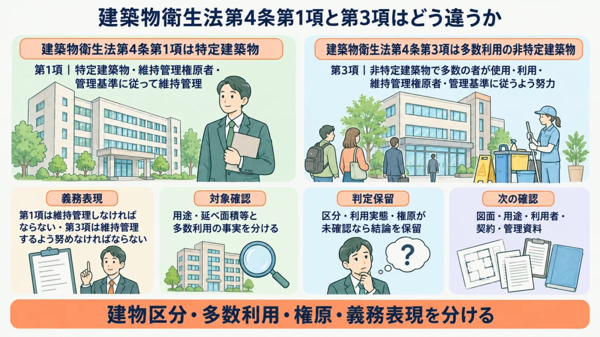 中規模のテナントビルと清掃カートで衛生管理を確認する図