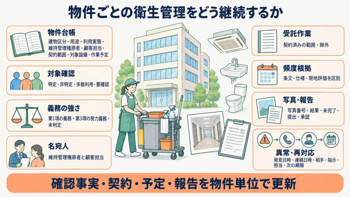 テナントビルの設備と清掃予定を物件台帳へ記録する図