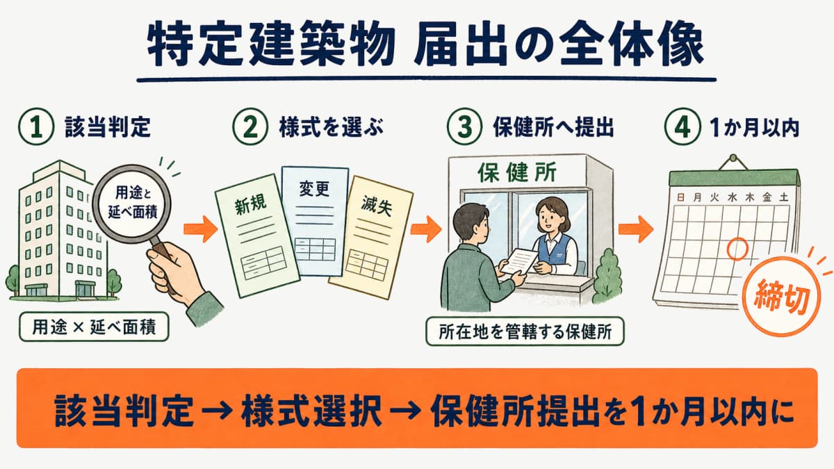 特定建築物の届出の全体像(該当判定から様式選択・保健所提出までの流れ)を示す図