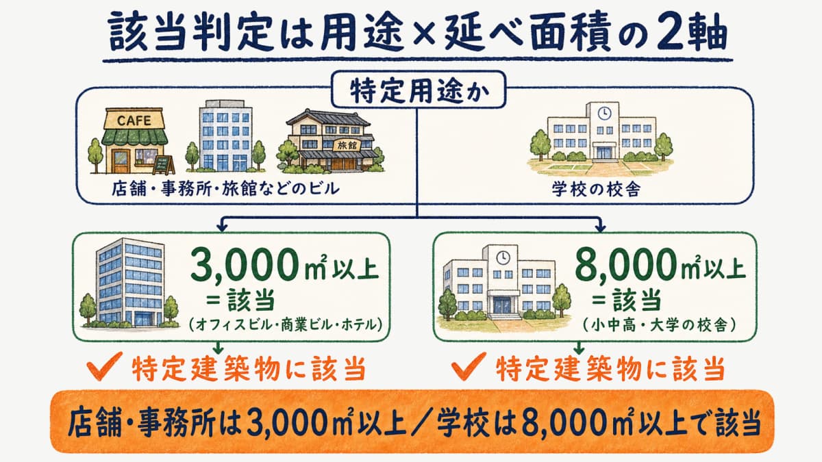 用途区分と延べ面積しきい値で特定建築物の該当を判定するフロー図