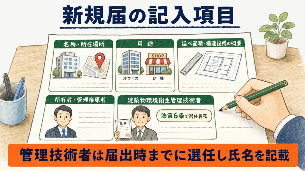 特定建築物の新規届出書の記入項目(名称・用途・延べ面積・管理技術者等)のイメージ