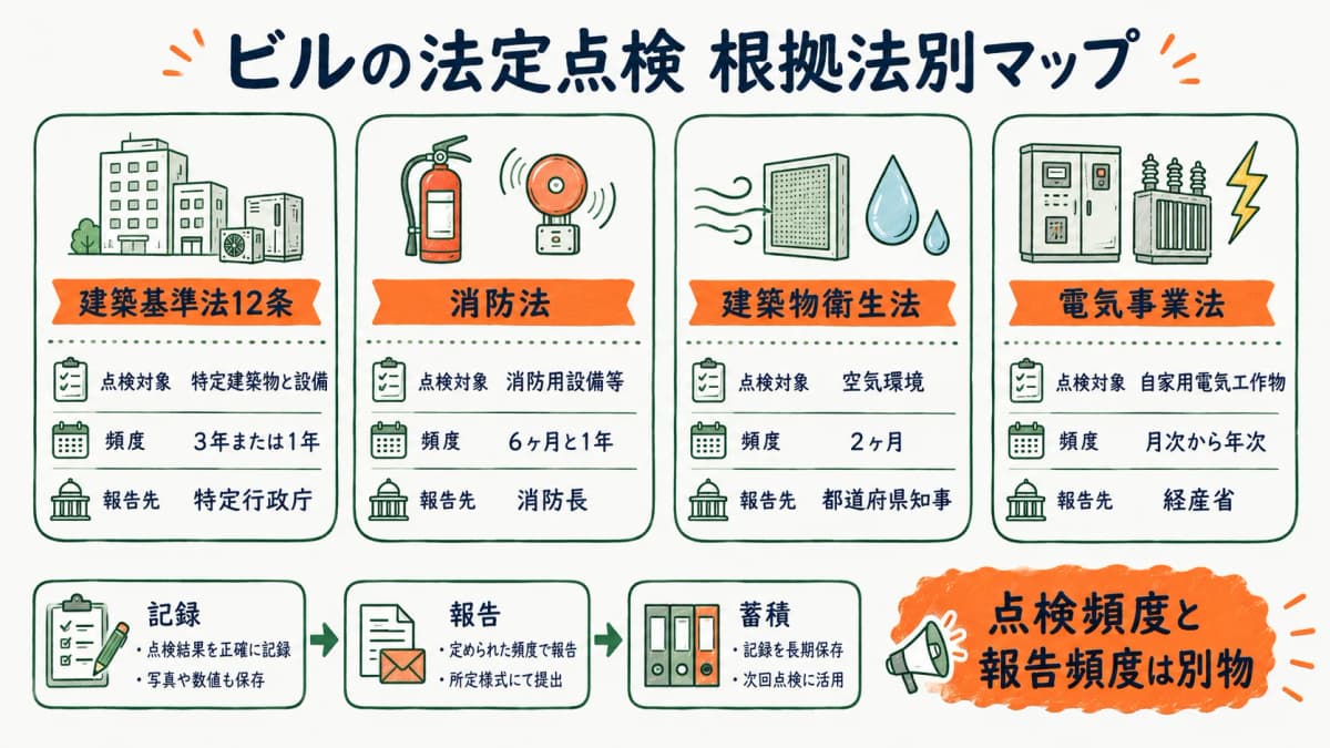 ビルの法定点検の根拠法別マップと記録・報告フローを示す図
