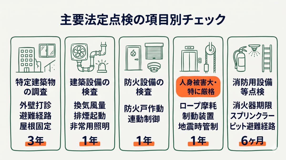 主要法定点検の項目別フローチャートを示す図