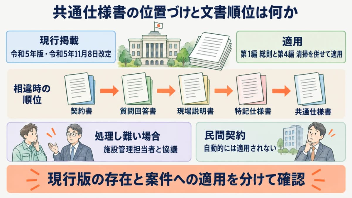 官公庁の建物と仕様書の束で共通仕様書の位置づけを確認する図