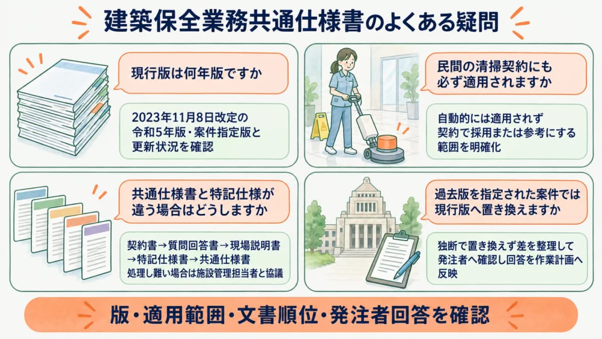 仕様書の束と床みがき機で清掃編の疑問を整理するFAQ図