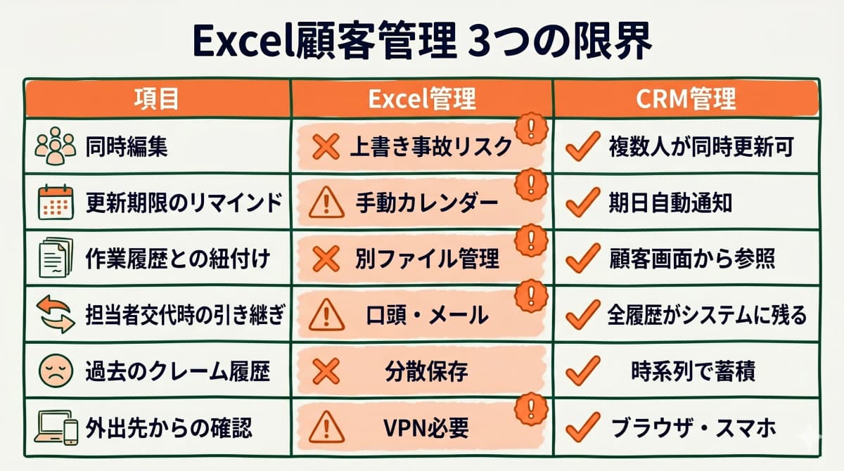 Excel顧客管理の限界3点を示す図