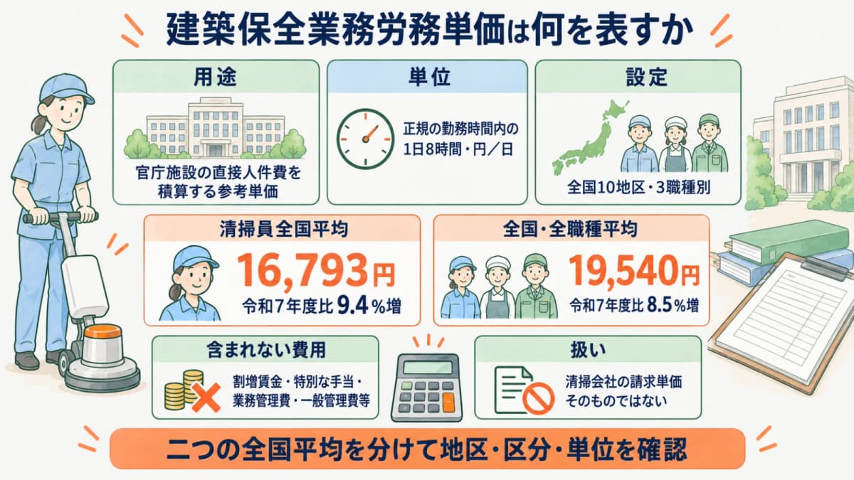 電卓と官庁施設の書類で建築保全業務労務単価の位置づけを確認する図
