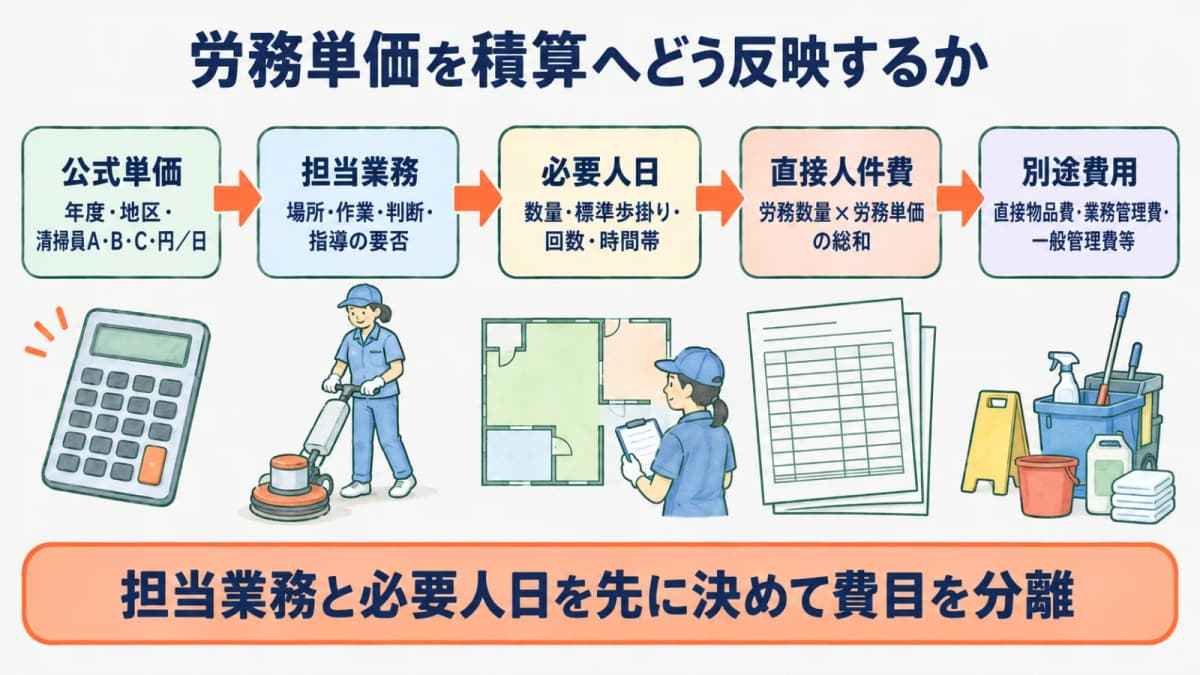 床みがき機を使う清掃スタッフと電卓で必要人工を積算する図