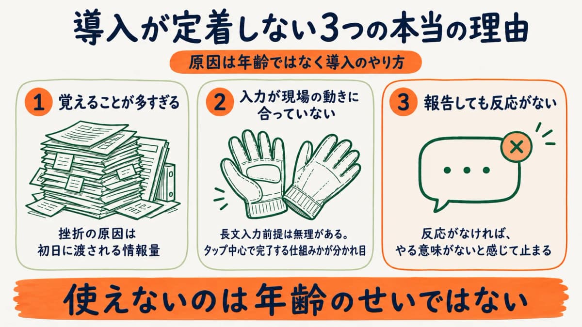 モバイル導入が定着しない3つの原因を整理した図