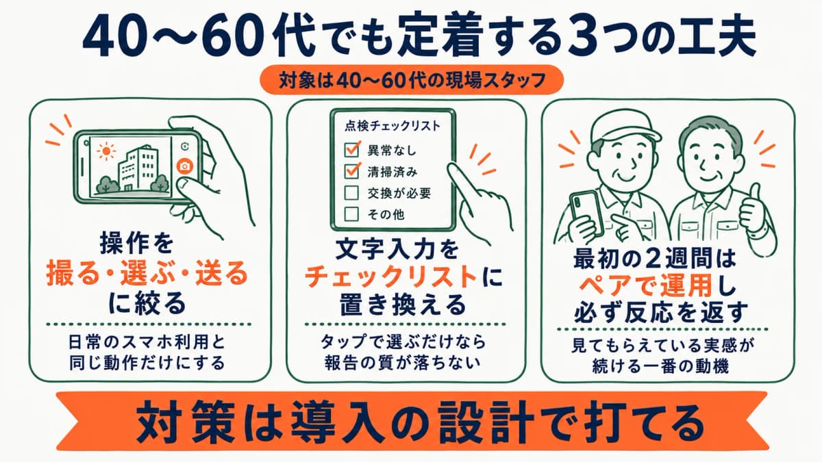 高齢スタッフでも定着するための3つの工夫を示す図
