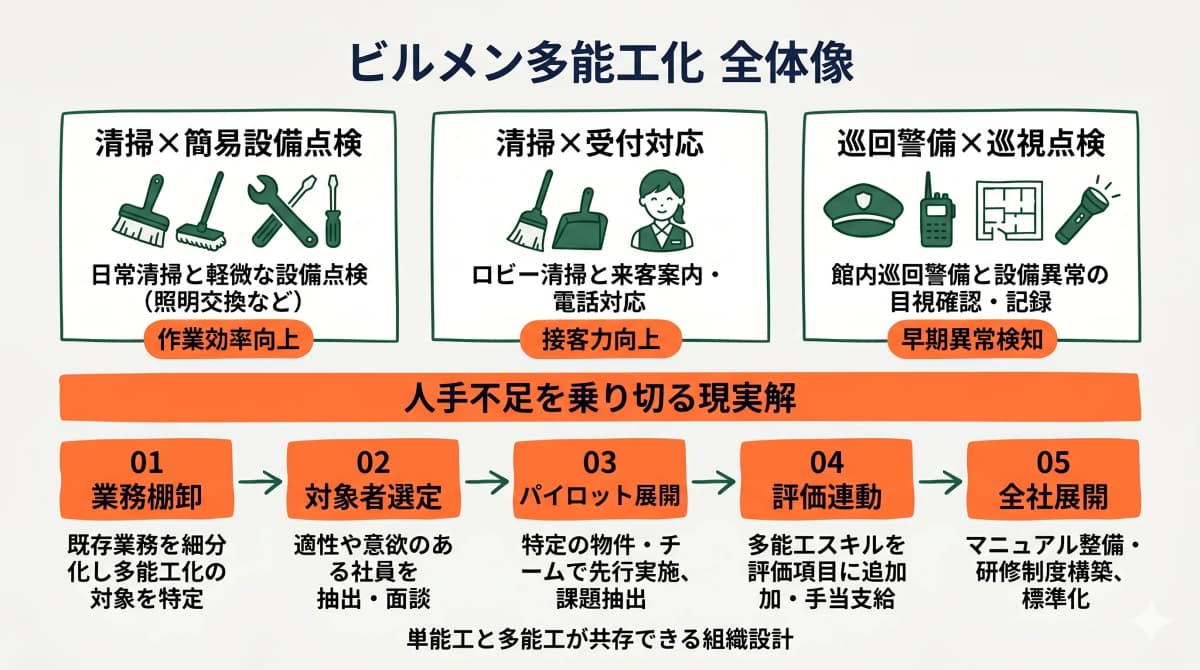 ビルメン多能工化の3パターンと育成5ステップの全体像