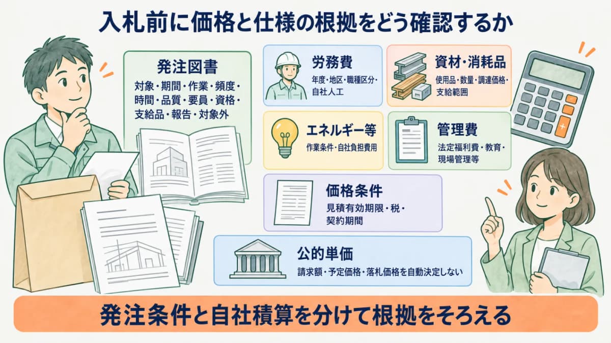 入札書類の封筒と電卓で価格と仕様を照合する図