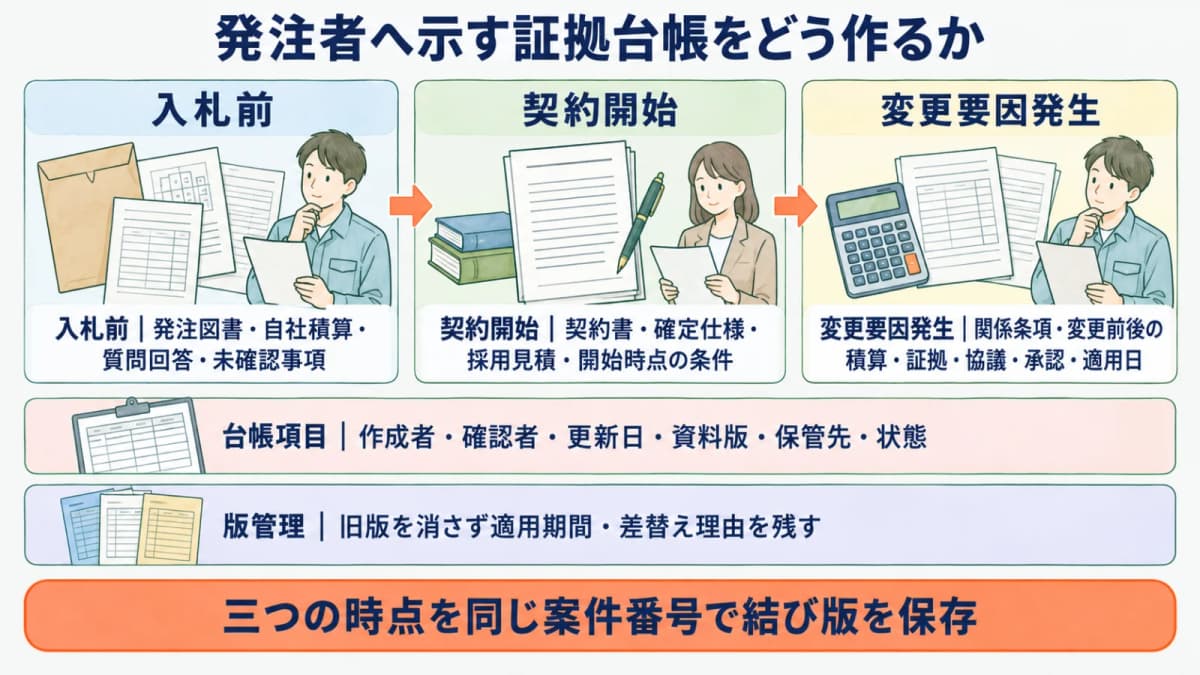 入札書類の封筒と証拠台帳を案件ファイルへまとめる図