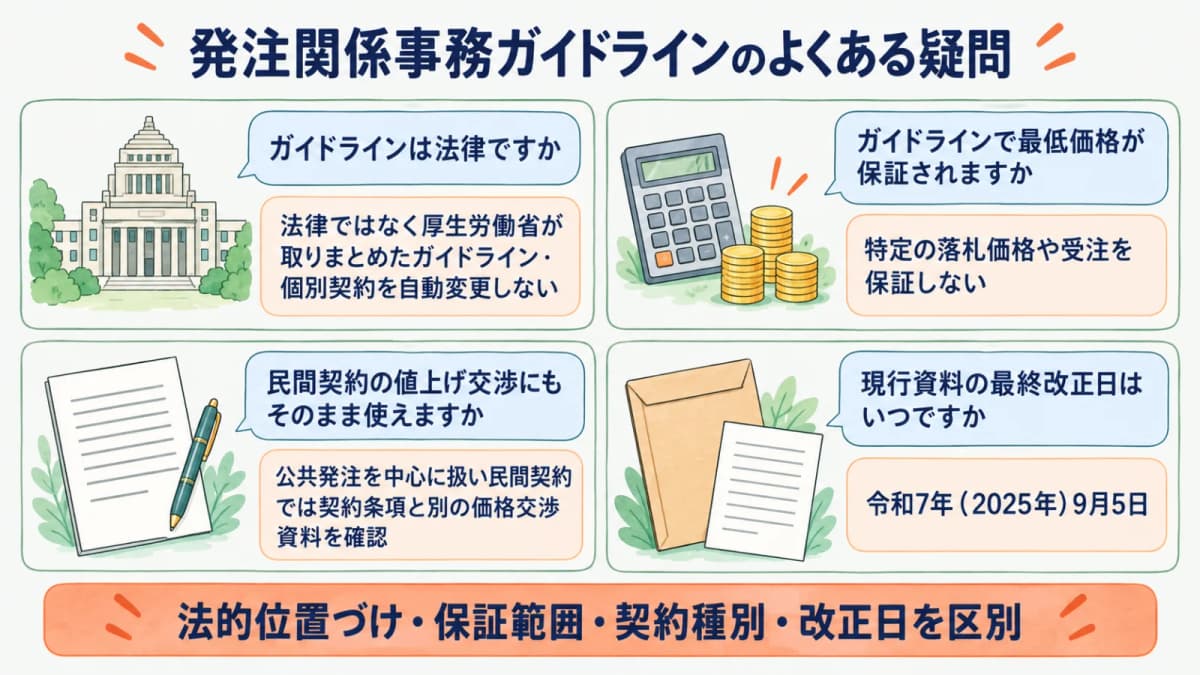 官公庁の建物と電卓で発注関係事務ガイドラインの疑問を確認するFAQ図